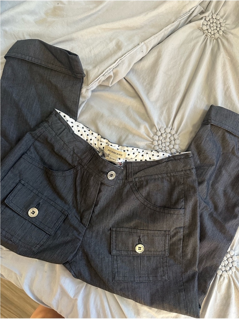 Burberry Dark Gray Cargo Capris with Polka Dot Waistband
